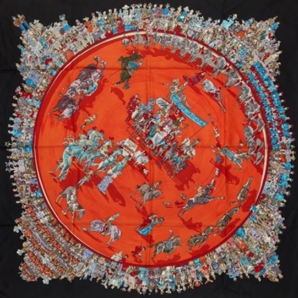 Hermes Silk Scarf Carre 90 "Cirque Molier" In Navy And RED. PERFECT CONDITION!